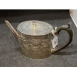 Hallmarked Silver: Georgian teapot engraved with Chinoiserie, scroll and floral decoration, hinged
