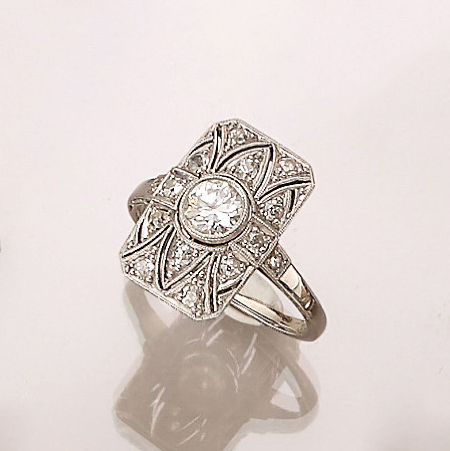 14 kt Gold Art-Deco-Ring mit Diamanten, WG 585/000,