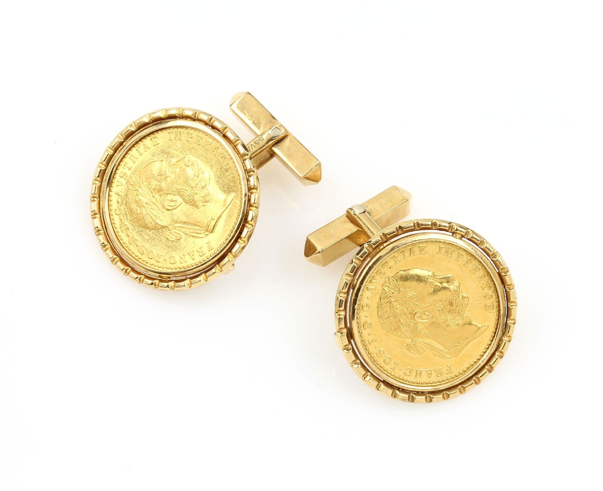 Paar 18 kt Gold Manschettenknöpfe mit Münzen, Fassung GG