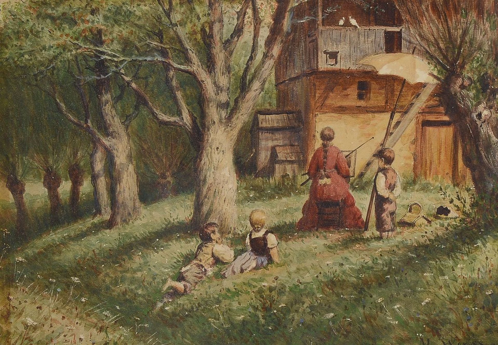 Max Weese, 1855 - 1933, Malerin im Garten mit Kindern,