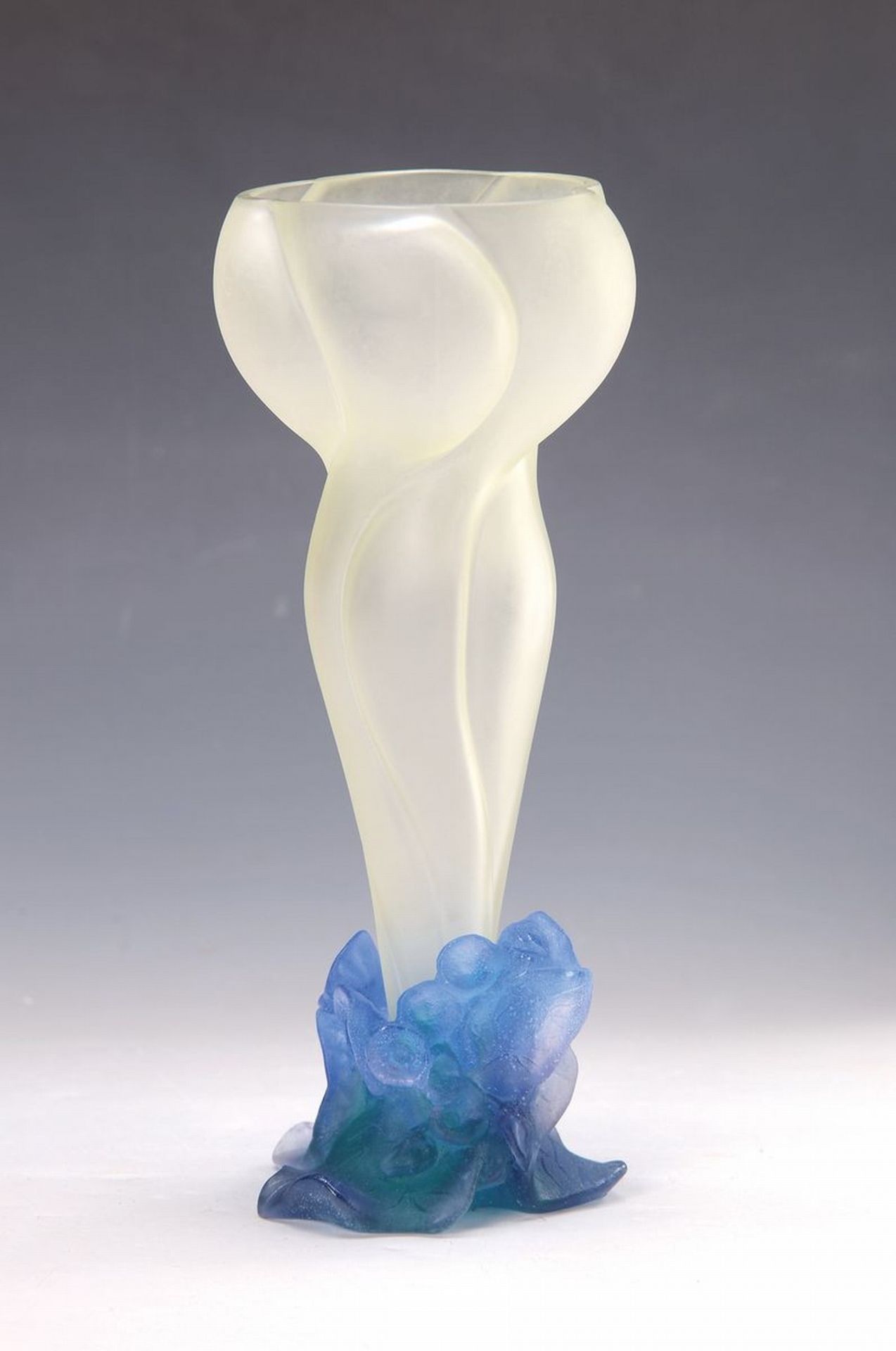 Vase, Daum, Nancy, 1980er, farbloses Glas, mit blauen u.