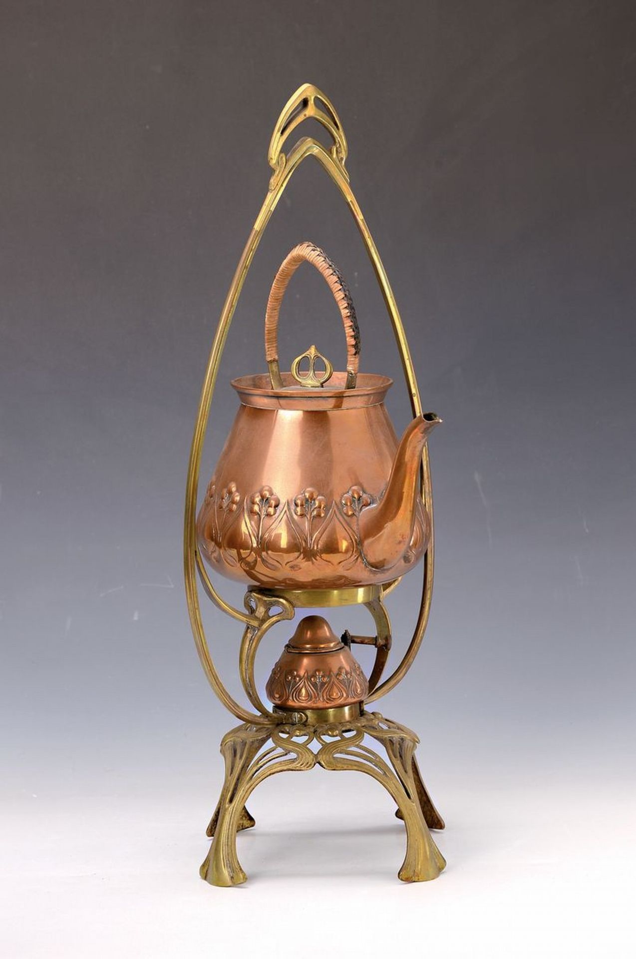 WMF-Teekanne mit Stövchen, Jugendstil, um 1900, Kupfer-