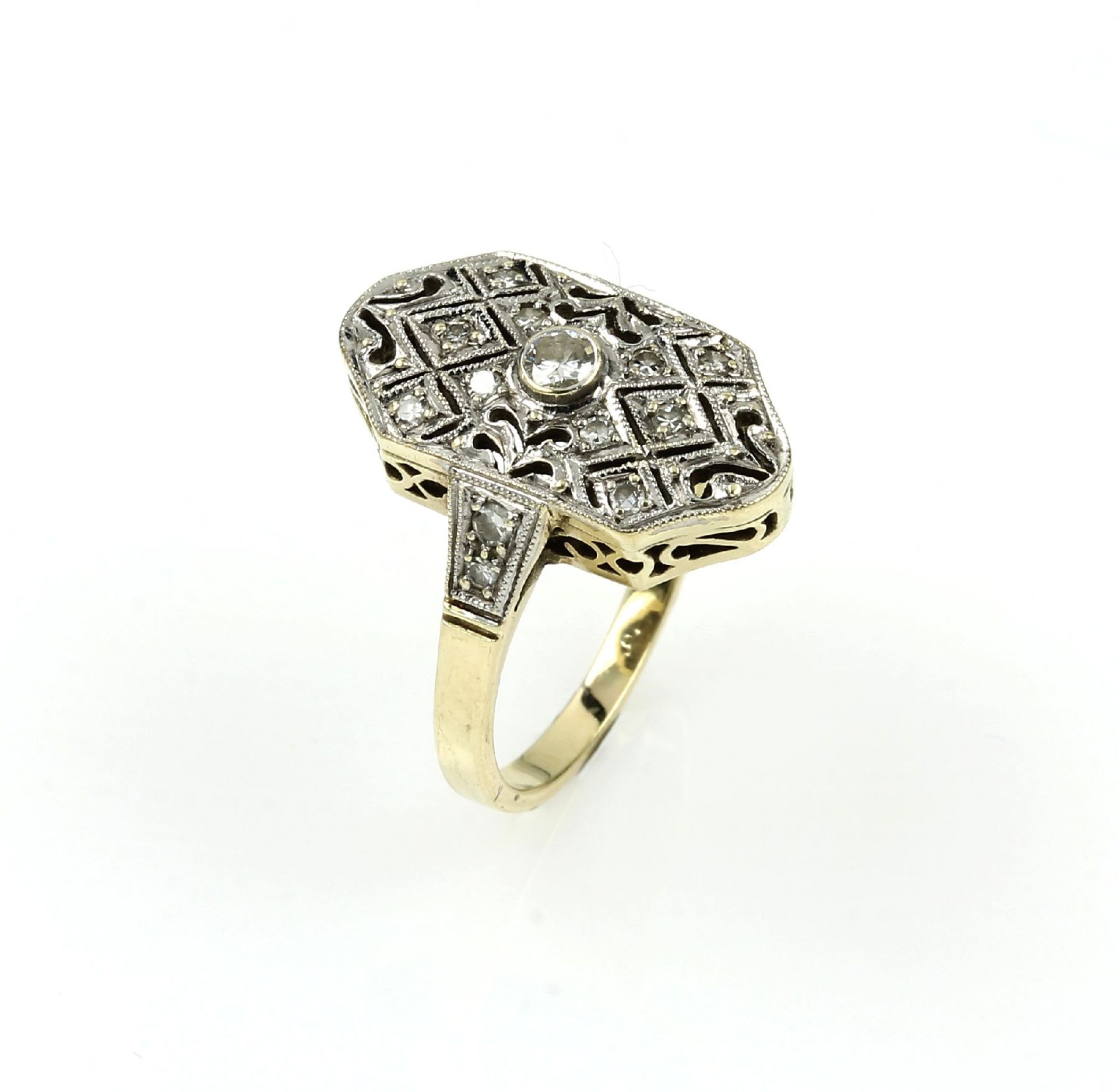 14 kt Gold Art-Deco Ring mit Diamanten, GG 585/000,