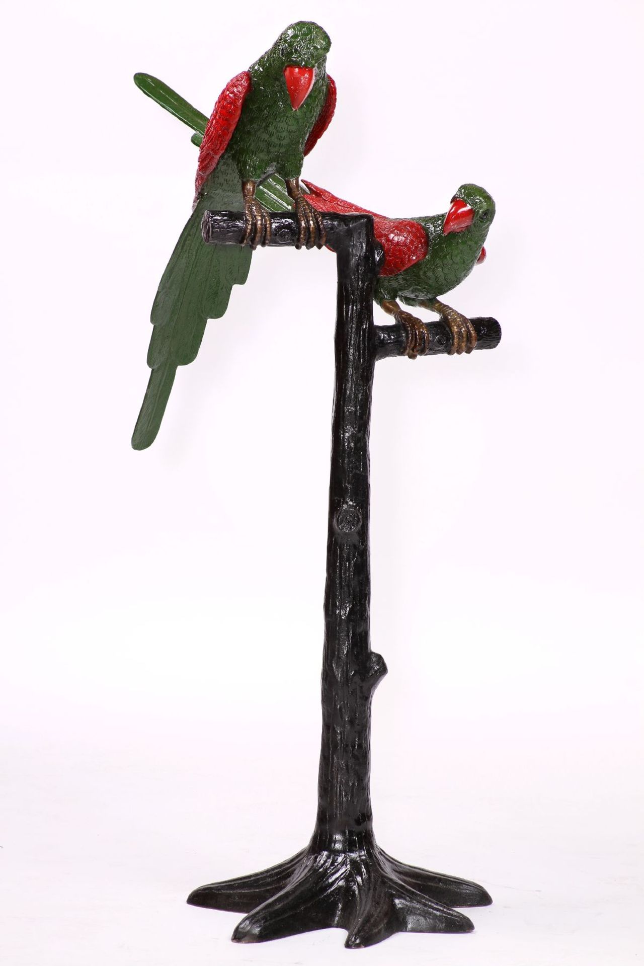Paar Papageien auf Ast, Bronze, braun u. goldbraun