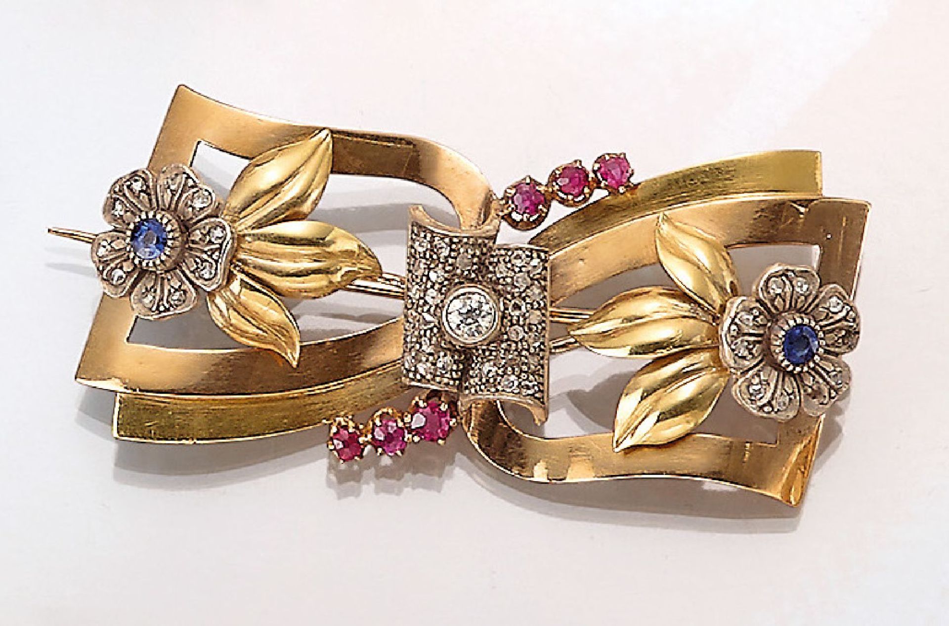 14 kt Gold Art-Deco Brosche mit Diamanten und Farbsteinen,