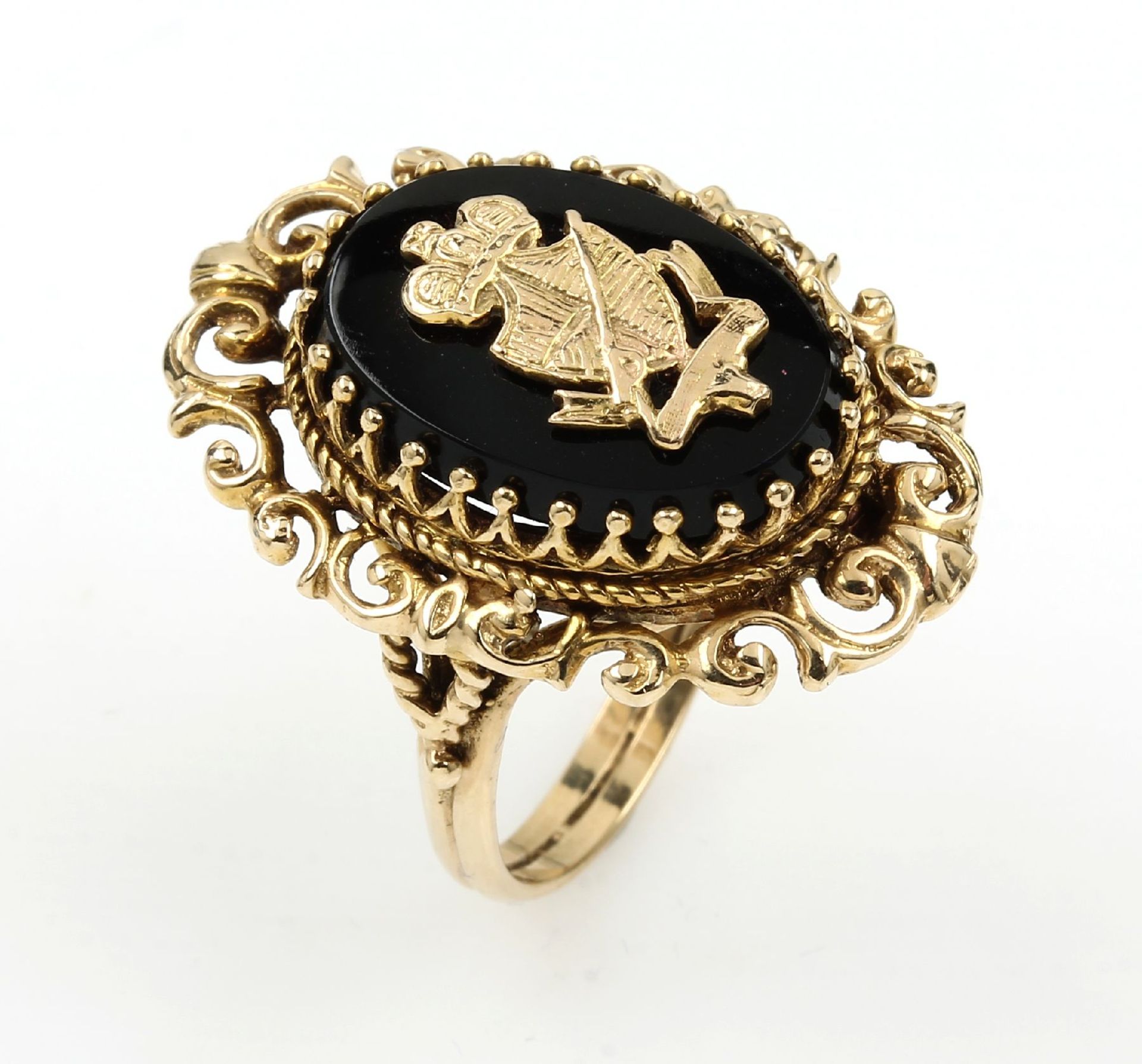 14 kt Gold Ring mit Onyx, GG 585/000, aufgelegtes