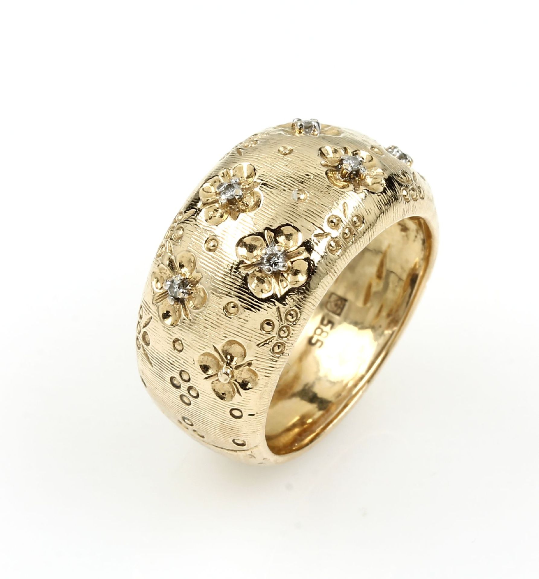 14 kt Gold Ring mit Diamanten, GG 585/000, Ringkopf mit