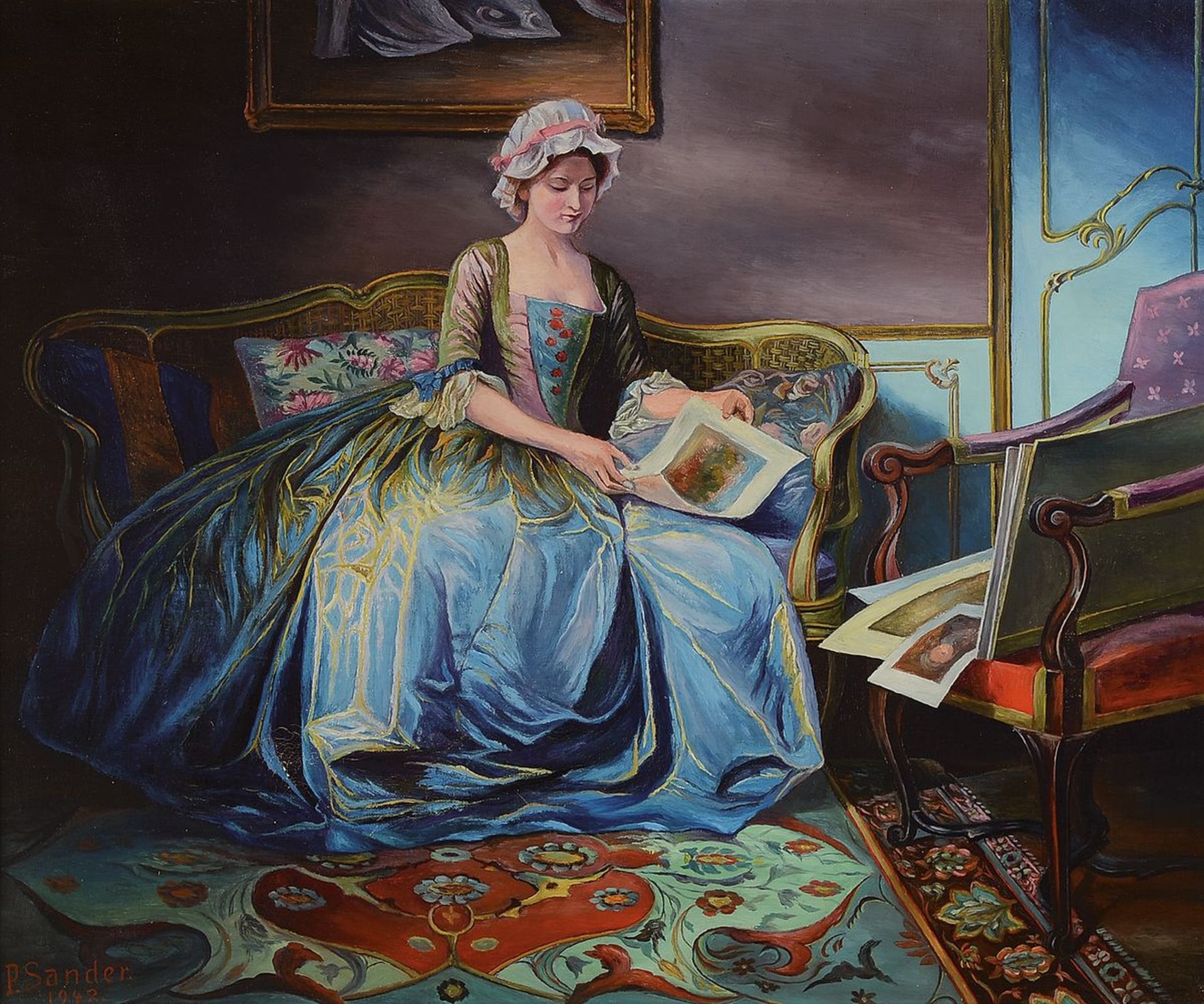 Paul Sander, 1876-1942, Interieur mit junger Frau, die