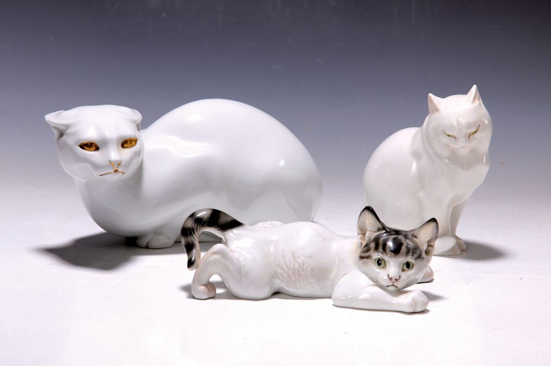 3 Porzellanfiguren Katzen, 1x Rosenthal, Th. Kärner,