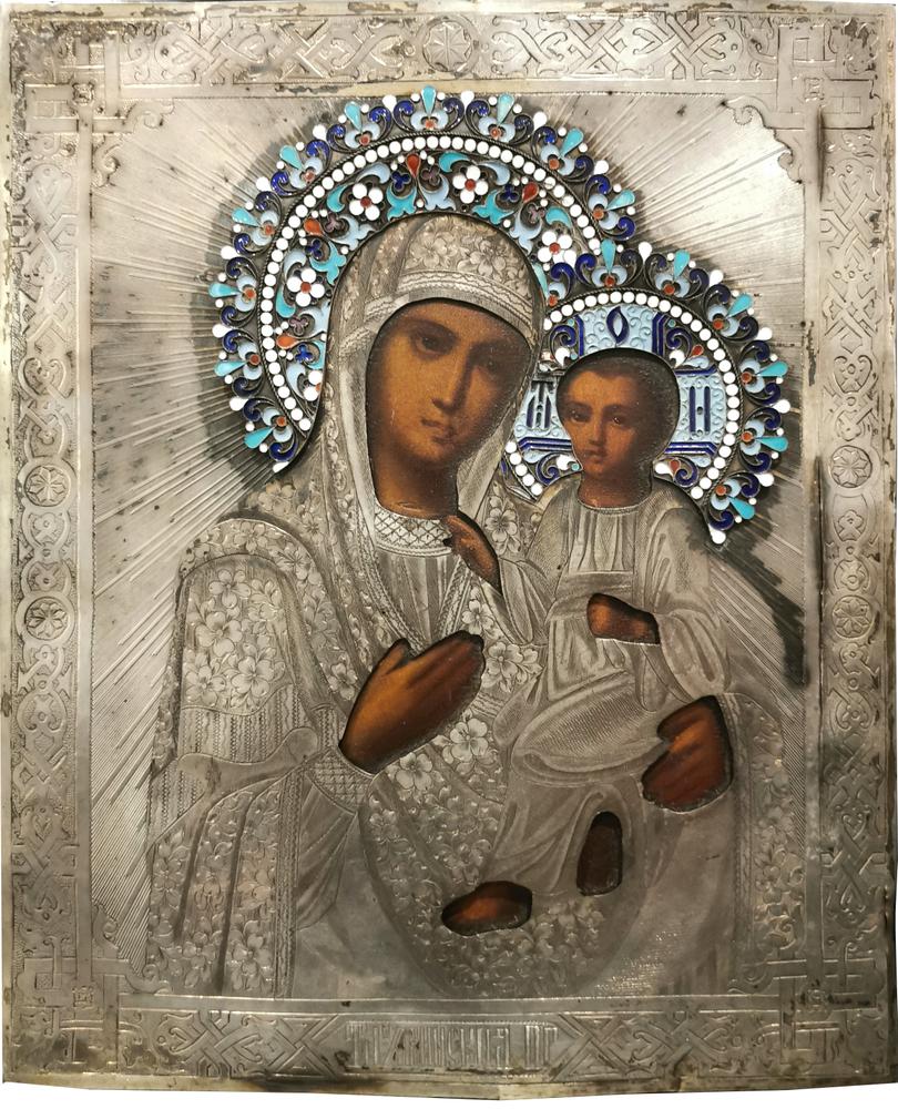 ICON IN A SILVER OKLAD «OUR LADY OF TIKHVIN». - Wood, oil. Oklad- silver, stamp, [...]