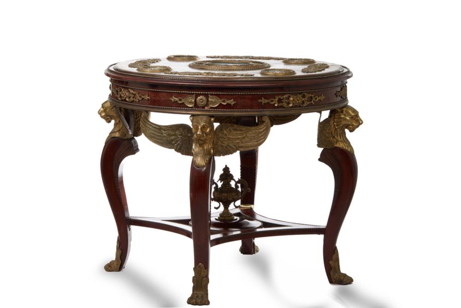 MONUMENTAL EARLY XX CENTURY MAHOGANY AND BRONZE SOUVENIR TABLE DECORATED WITH [...]