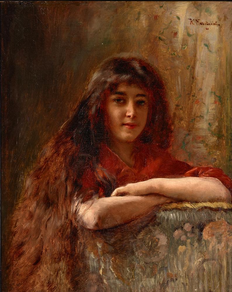 KONSTANTIN MAKOVSKY (1839-1915) Portrait of a young girl - signed in Cyrillic (upper [...]