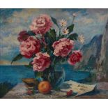 DAVID BURLIUK (1882-1967) Peony bouquet with coastal panorama - signed and dated [...]