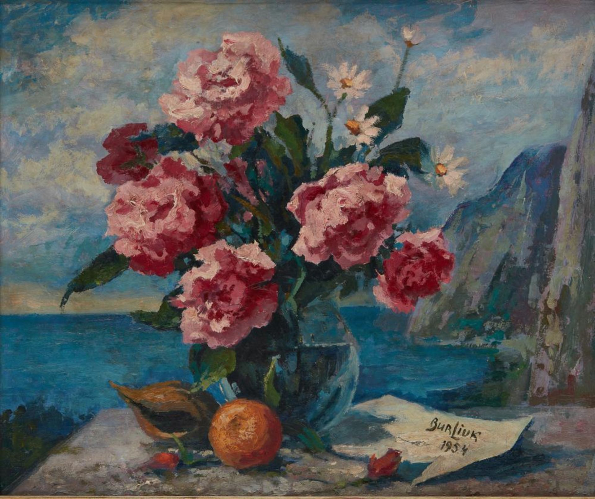 DAVID BURLIUK (1882-1967) Peony bouquet with coastal panorama - signed and dated [...]