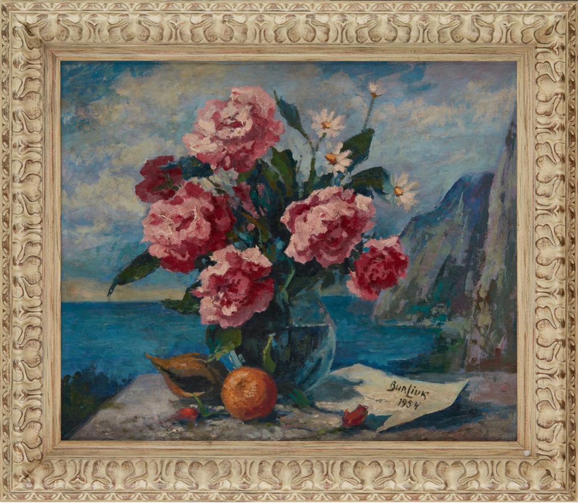 DAVID BURLIUK (1882-1967) Peony bouquet with coastal panorama - signed and dated [...] - Image 2 of 2