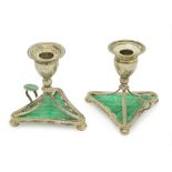 SILVER PAIRED BEDSIDE CANDLESTICKS DECORATED WITH MALACHITE AND ENGRAVED WITH THE [...]