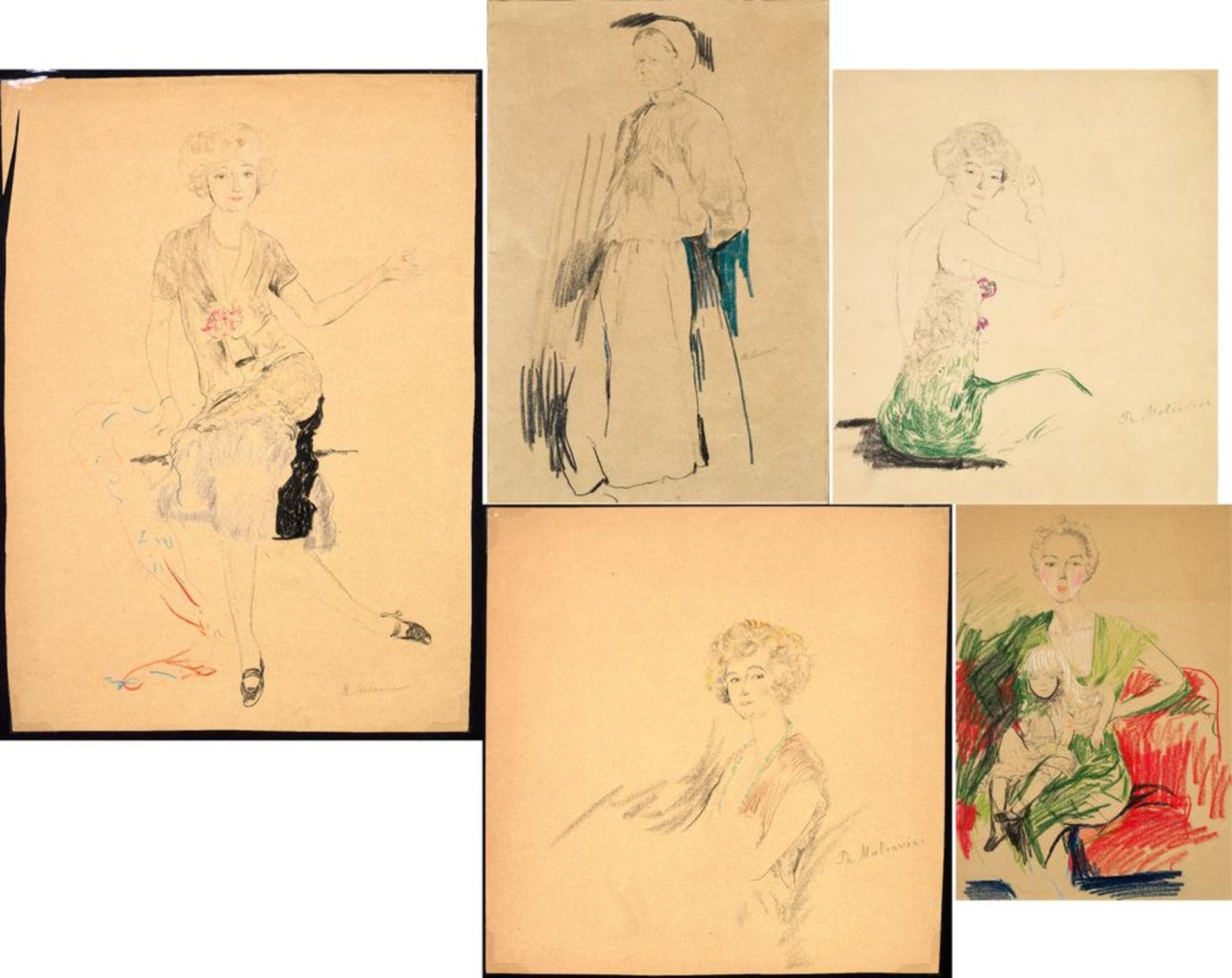 FILIPP MALYAVIN (1869-1940) Five Female Portraits - each signed pencil, crayon on [...]