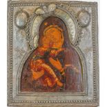 A RUSSIAN ICON «THE VLADIMIR MOTHER OF GOD» IN A SILVER-GILT OKLAD. Veliky [...]