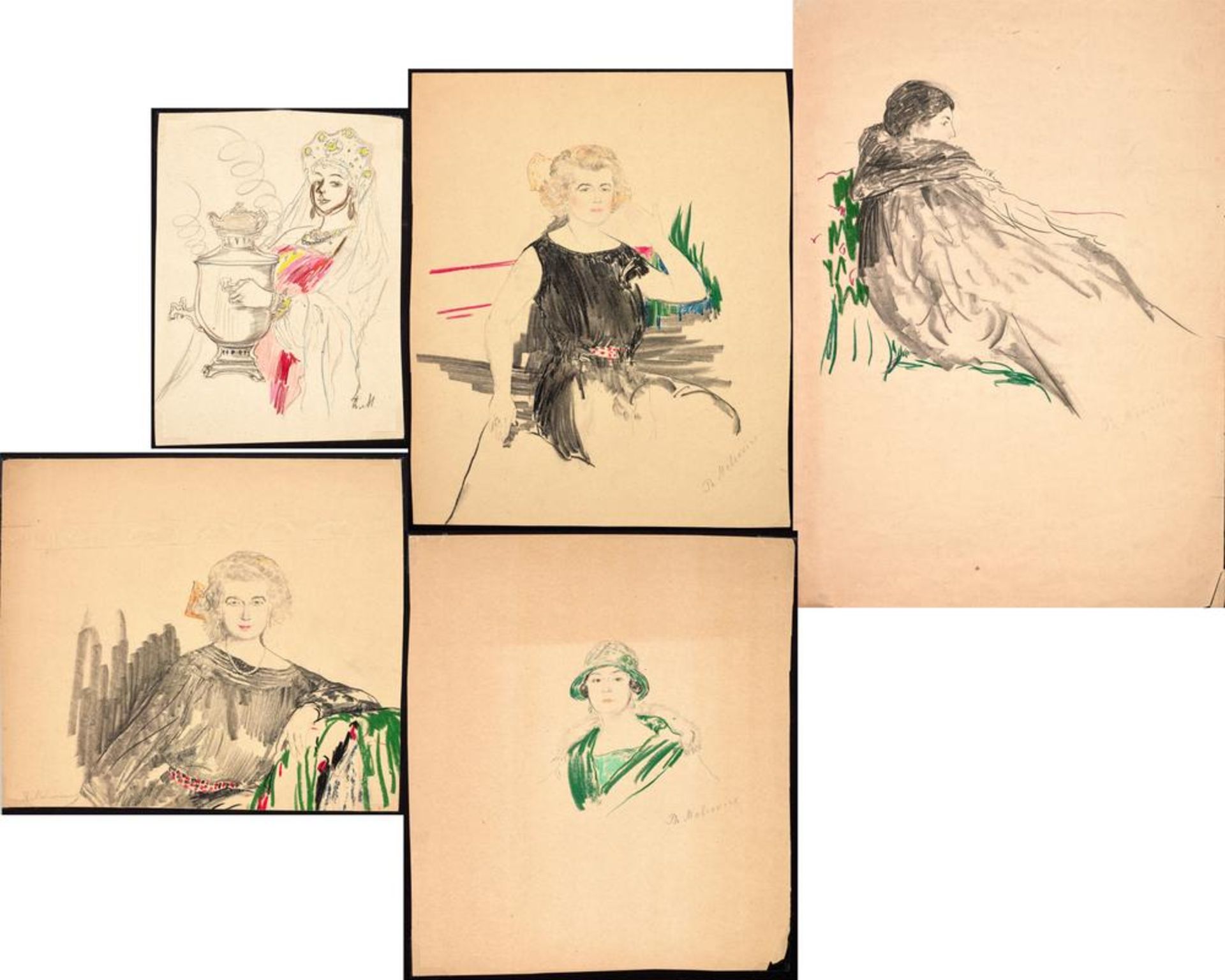 FILIPP MALYAVIN (1869-1940) Five Female Portraits - each signed pencil, crayon on [...]