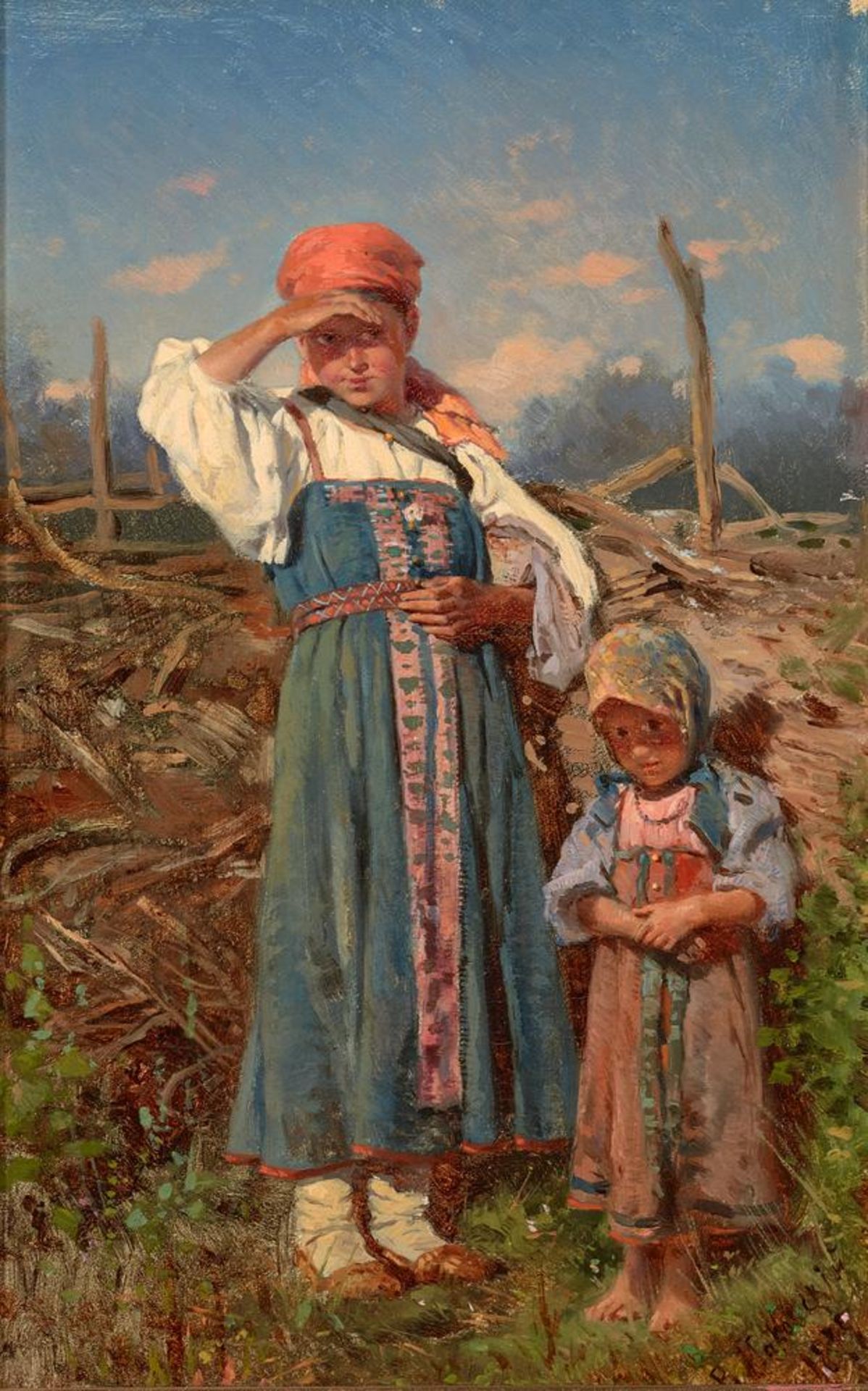 VLADIMIR EGOROVICH MAKOVSKY (1846 -1920) Two peasant girls - signed in Cyrillic and [...]