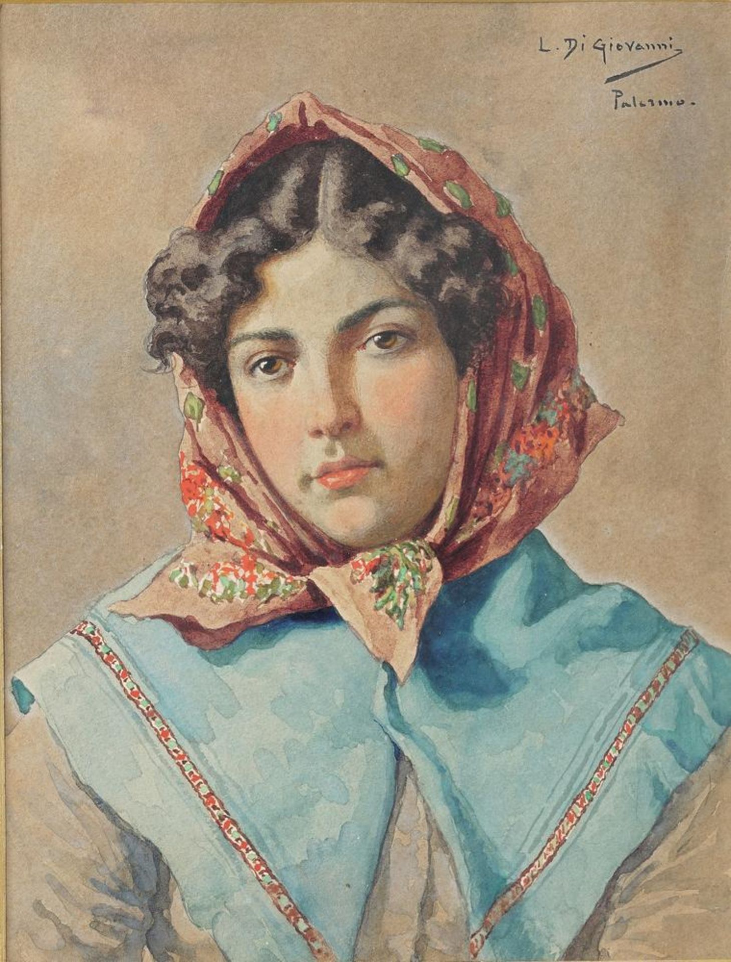 LUIGI DI GIOVANNI (1856-1938) - Portrait of a Sicilian girl Signed and inscribed [...]