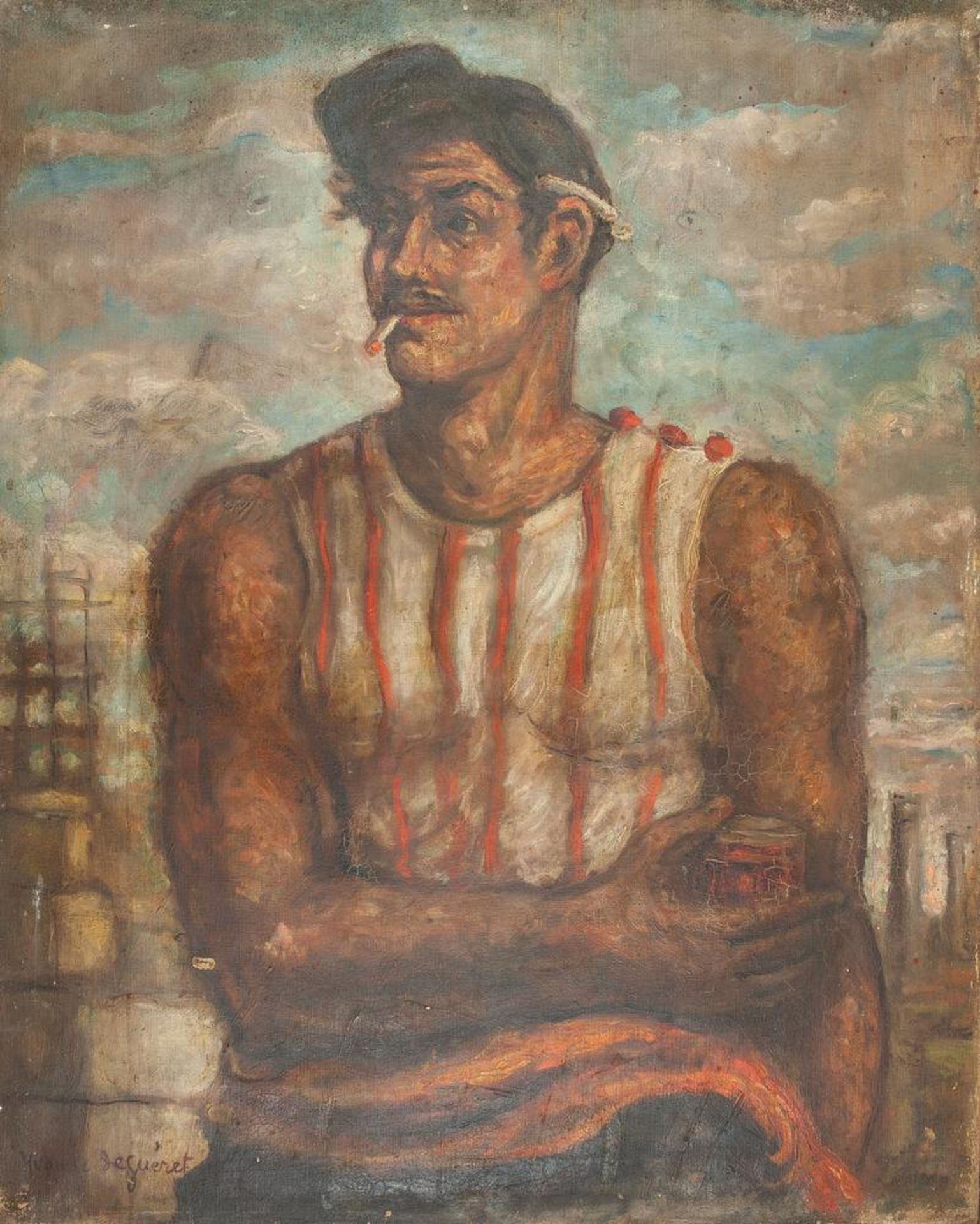 YVONNE DEGUÉRET (XIX-XX) - Builder with a cigarette and coca cola can Signed [...]