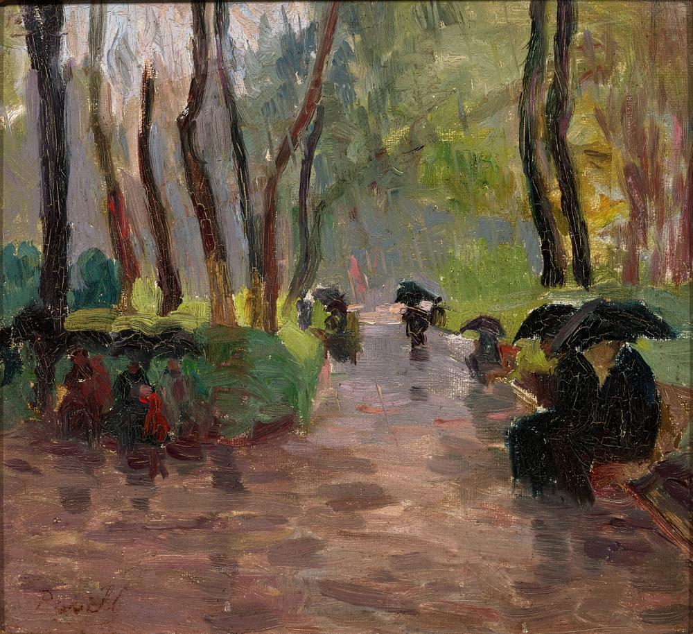 ELIE ANATOLE PAVIL (1873-1948) - At the park in the rain Signed (lower left) Oil on [...]