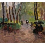 ELIE ANATOLE PAVIL (1873-1948) - At the park in the rain Signed (lower left) Oil on [...]