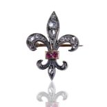 FLEUR-DE-LIS DIAMOND BROOCHGold and silver brooch set with diamonds and two small rubies at the