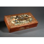 MOTHER OF PEARL TEA BOXWood and inlaid mother-of-pearl tea box with Asian scenery 33 x 19 x 7,5 cm