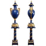 PAIR OF MAJESTIC ROYAL BLUE LAPIS LAZULI PEDESTALS AND VASES, EARLY XX CENTURY NEOCLASSICAL