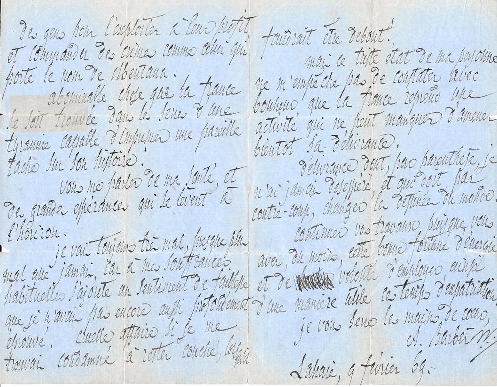 BARBÈS ARMAND (1809-1870)Autograph letter signed to an exiled Republican writer. The Hague, February - Image 2 of 2