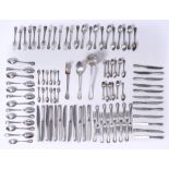 SILVER CUTLERY SET ENGLISH STYLE, 19TH CENTURYFull cutlery set for 12 persons comprising: ladle,