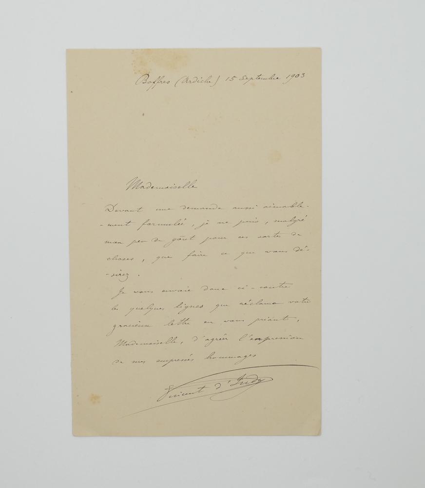 VINCENT D'INDY (1851-1931) Autograph letter signed with musical quote, addressed to an admirer. [