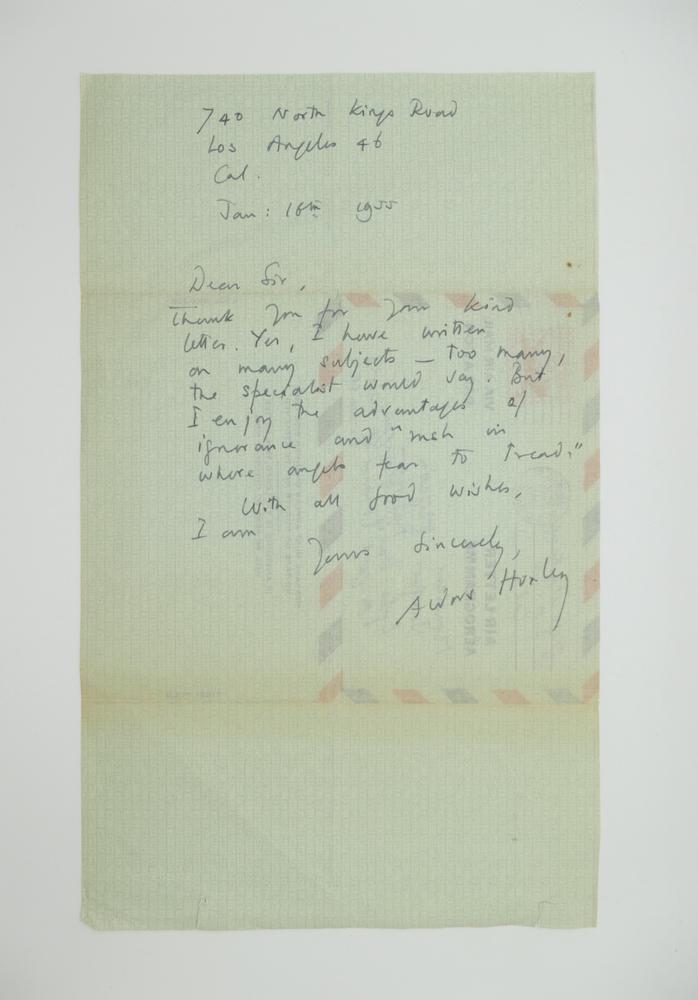 ALDOUS HUXLEY (1894-1963)Autograph letter signed, in English, to Jacques Migeon. Los Angeles, 16