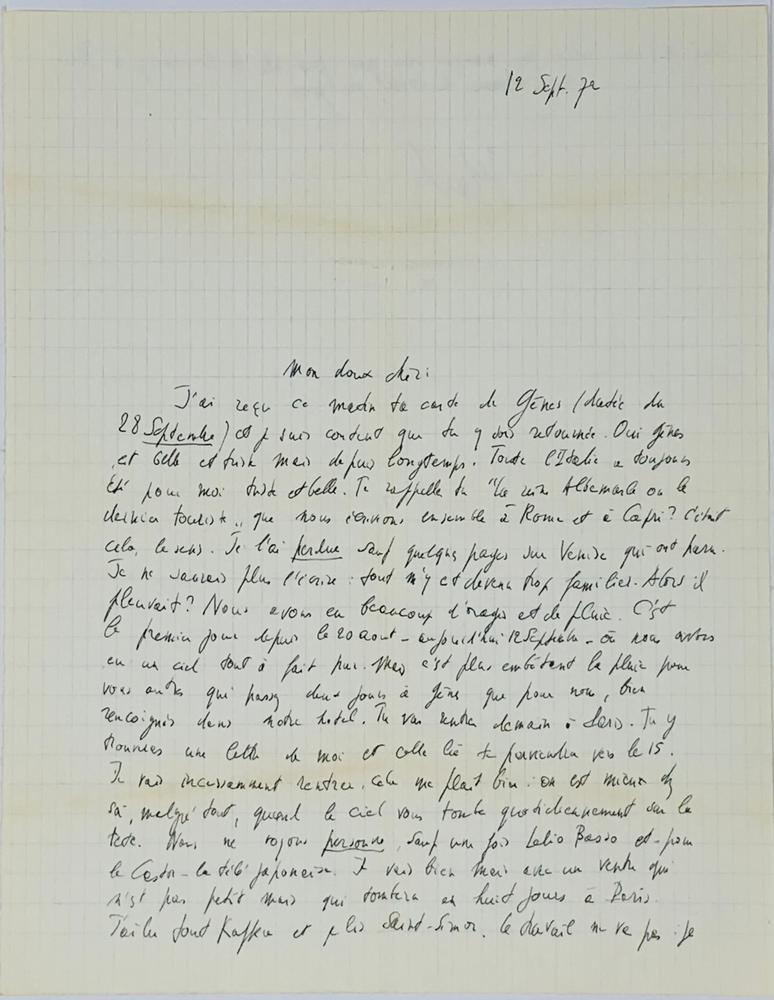 JEAN-PAUL SARTRE (1905-1980)Autograph letter signed to Michelle Vian. 12 September 1972. 1 pp. ¼
