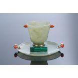 ART DECO ROUND JADE, GOLD, CABOCHON EMERALD AND CORAL SAUCER AND ONE MALACHITE MARQUETRY JADE,