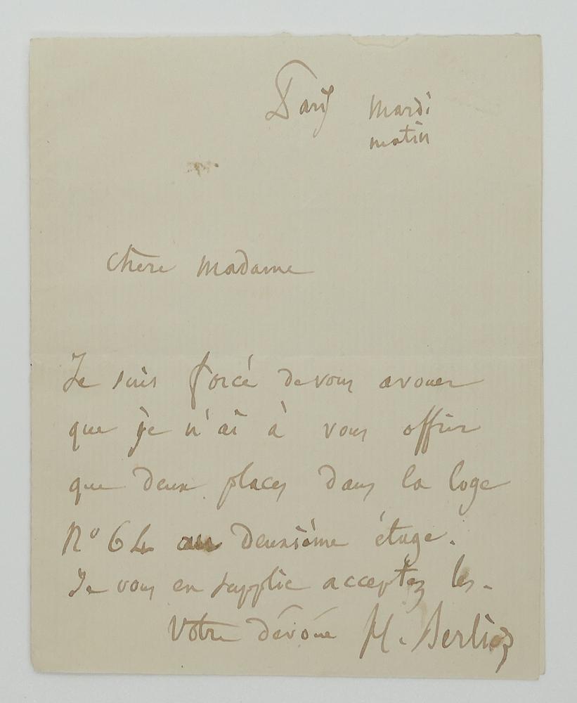 HECTOR BERLIOZ (1803-1869)Autograph letter signed “H. Berlioz”, in French, to a lady. Paris, “