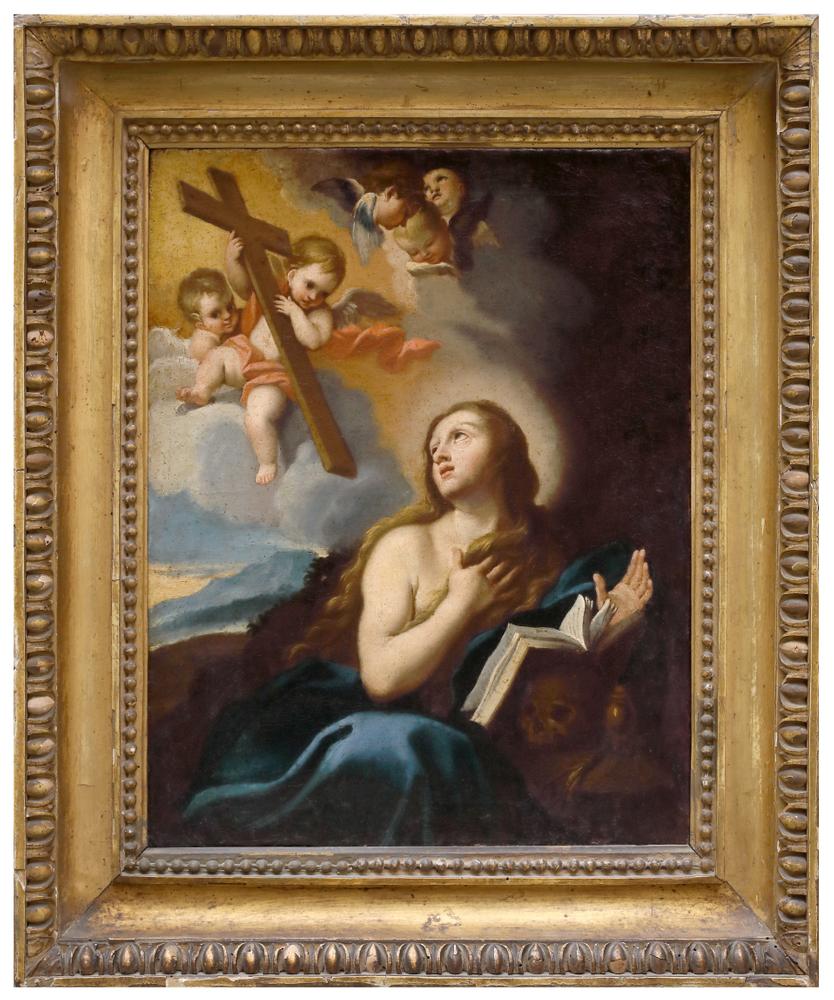 EMILIAN SCHOOL, 17th CENTURY The penitent Magdalene with the Crucifix and Angels Oil on canvas 50 - Image 2 of 2