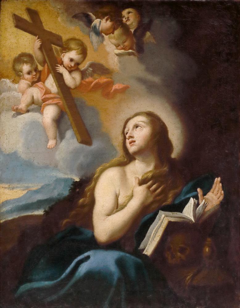 EMILIAN SCHOOL, 17th CENTURY The penitent Magdalene with the Crucifix and Angels Oil on canvas 50