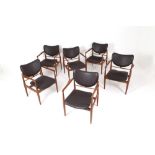FINN JUHL (1912 - 1989) Set of six wooden armchairs with brown leather upholstey81 x 62 x 55 cm