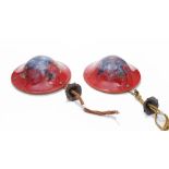 PAIR OF ART-NOUVEAU HANGING CEILING LIGHTSRed-orange glass, yellow interior. Supported by three