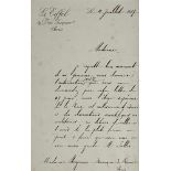 GUSTAVE EIFFEL (1832-1923)Letter signed "G. Eiffel" with an autograph note, to Mrs. MAGNIN, Bank