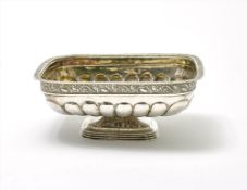 SILVER-GILT CANDY BOWL, SQUARE-SHAPED AND DECORATED WITH FLORAL ORNAMENT. Unidentified master «DSH»,