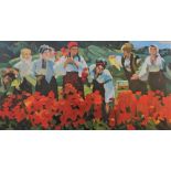 Unknown painter Walking among the poppies oil on canvas 84x160 cm painting in 1970s