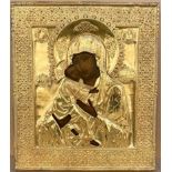 AN ICON «THE VLADIMIRSKAYA MOTHER OF GOD» IN A SILVER-GILT OKLAD Moscow, end of 19th century Wood,