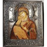 AN ICON «THE VLADIMIRSKAYA MOTHER OF GOD» IN A SILVER OKLAD Russia, end of 19th century Wood, gesso,