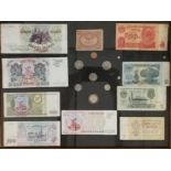 TWO COLLAGES OF BONDS AND COINS 1) Bonds for 1 ruble, 3 rubles, 5 rubles, 10 rubles and 40 rubles.