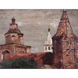 Nicolas Roerich (1874-1947) The Monastery Alexander Newsky oil on panel numerous labels on the