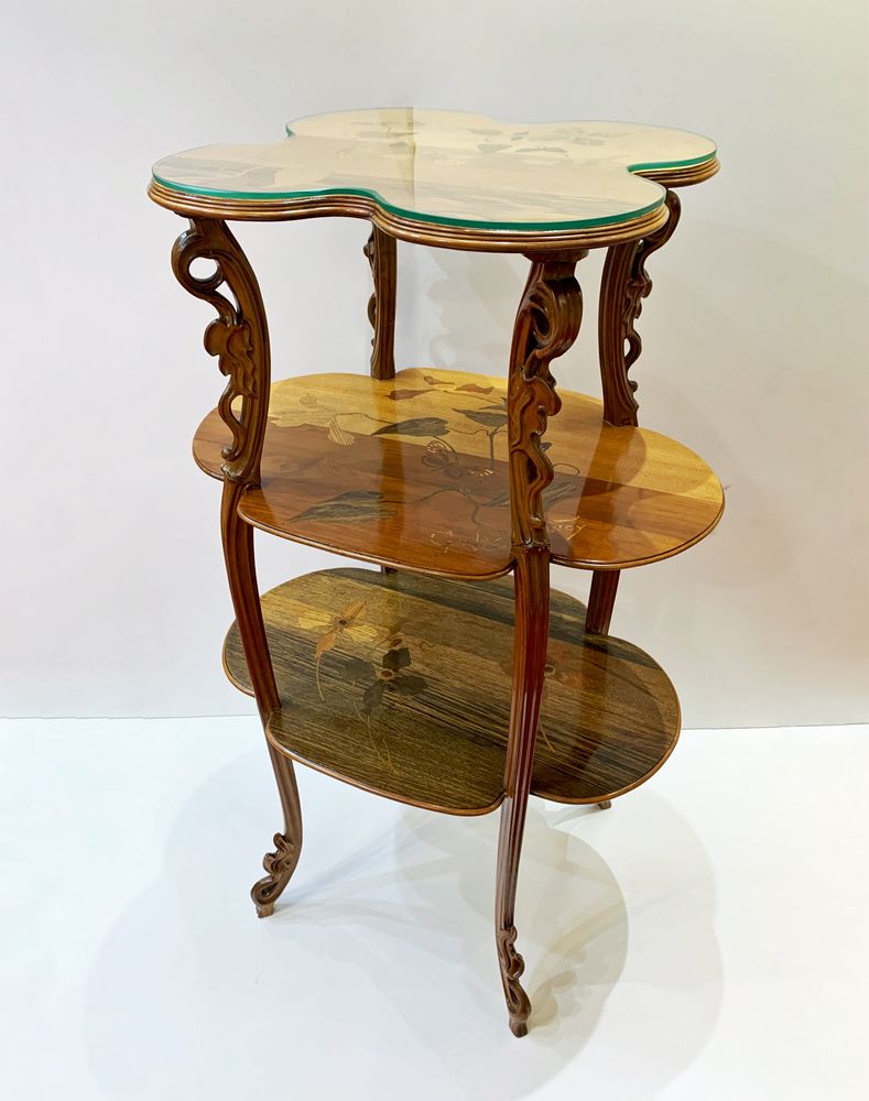 EMILE GALLE (1846-1904) Sculpted walnut Sellette decorated with exotic wood marquetry signed in